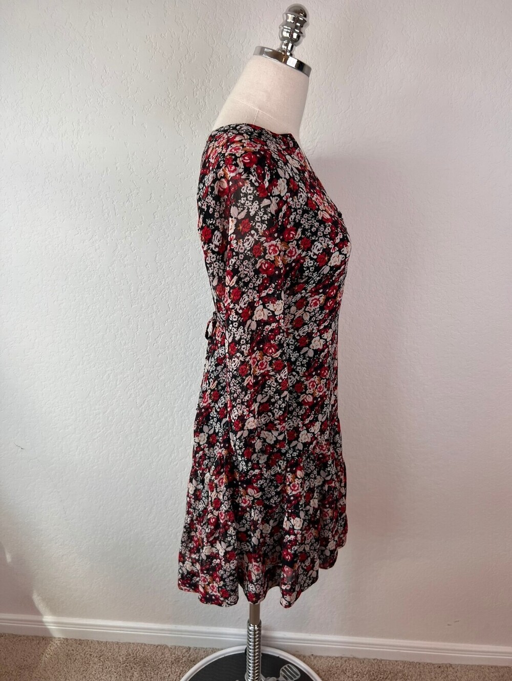 Rose & Olive Black and Red Floral Mini Dress Tie Waist Cottagecore size Small - Picture 7 of 10